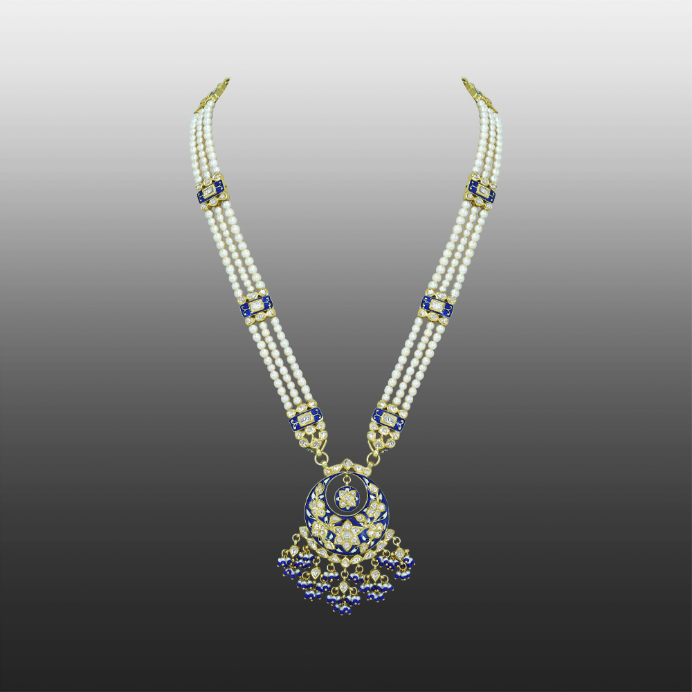 Three-Strand Pearl Necklace with Blue Enamel and Sapphire Accents